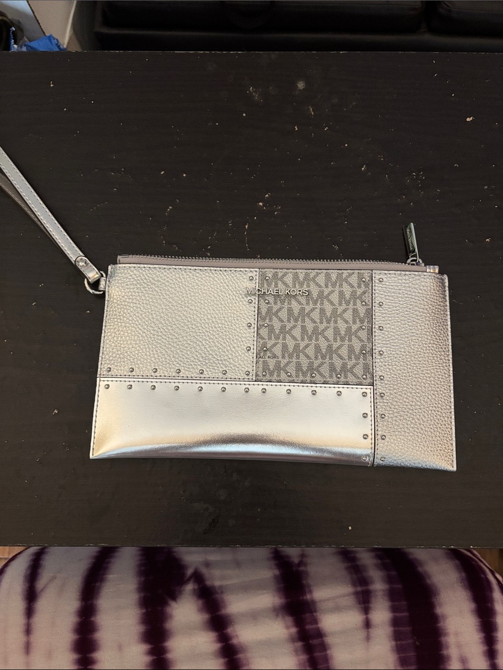 Michael Kors Metallic Silver Patchwork Logo Wristlet Clutch